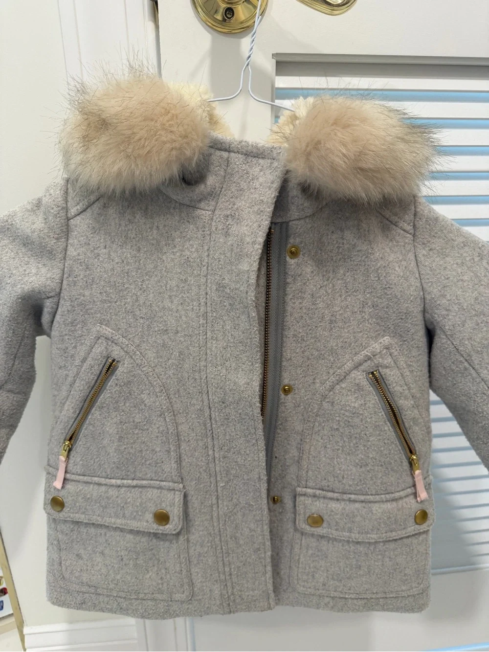 Crewcuts Girls Gray Wool-Blend Pea Coat with Faux Fur Hood Trim Size 3